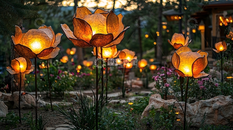 高清大图下载【趣麦麦图】花园里发光的莲花灯