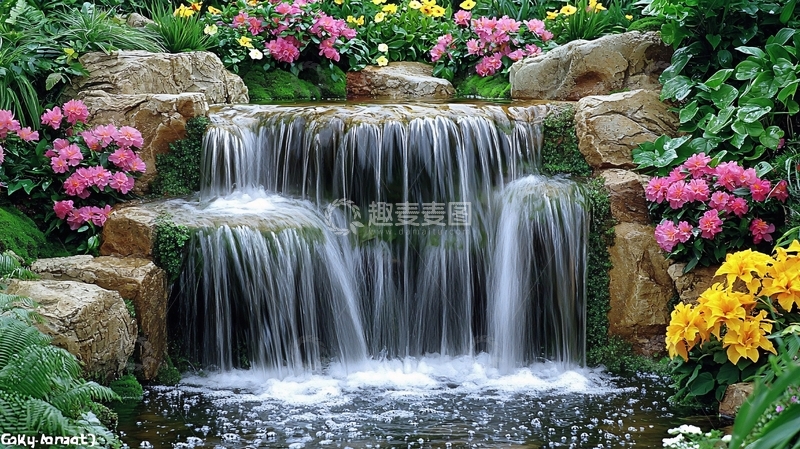 高清大图下载【趣麦麦图】花园瀑布流水景观
