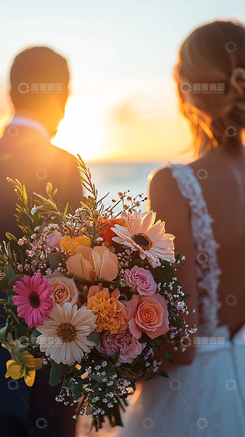 高清大图下载【趣麦麦图】夕阳下海边婚礼的新人