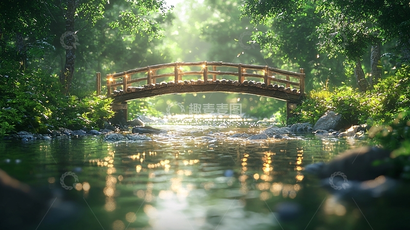 高清大图下载【趣麦麦图】森林小溪上的木桥
