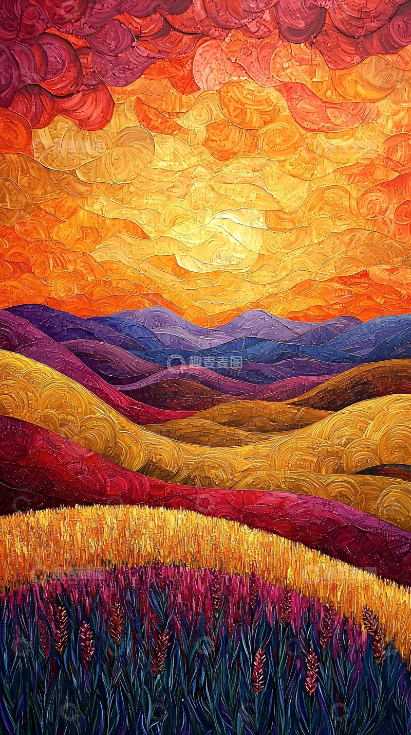 高清大图下载【趣麦麦图】油画风格的日落田园风光