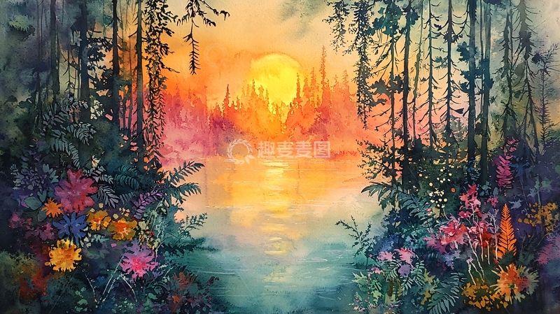 高清大图下载【趣麦麦图】宁静湖面日出森林