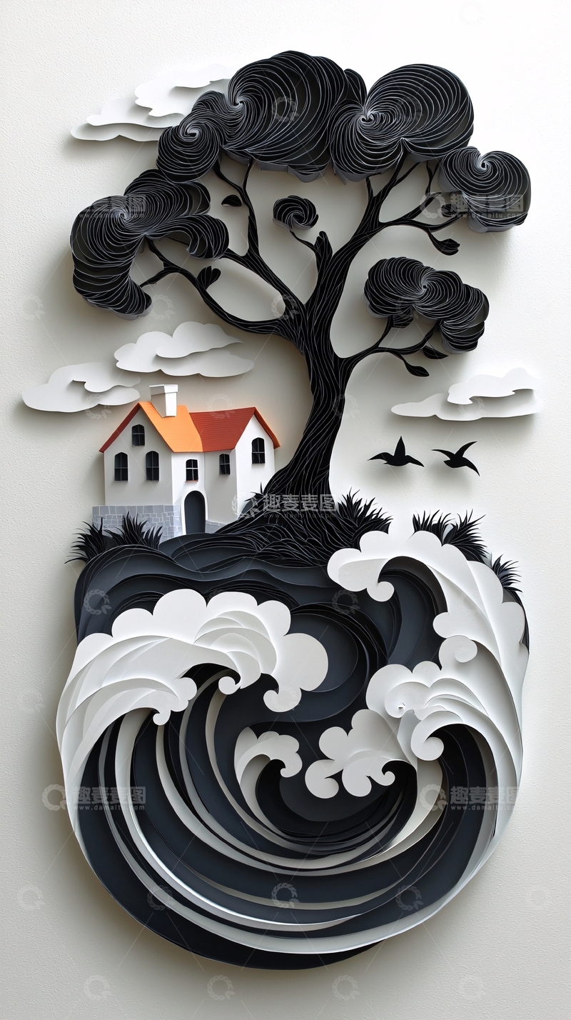 高清大图下载【趣麦麦图】纸艺房子与树木波浪场景