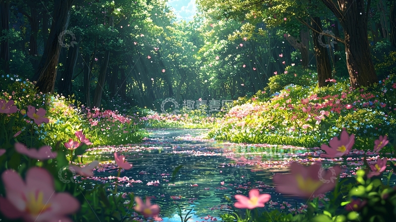 高清大图下载【趣麦麦图】林间小溪鲜花盛开