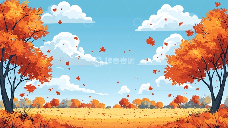 高清大图下载【趣麦麦图】秋日橙色树木飘落叶子的风景