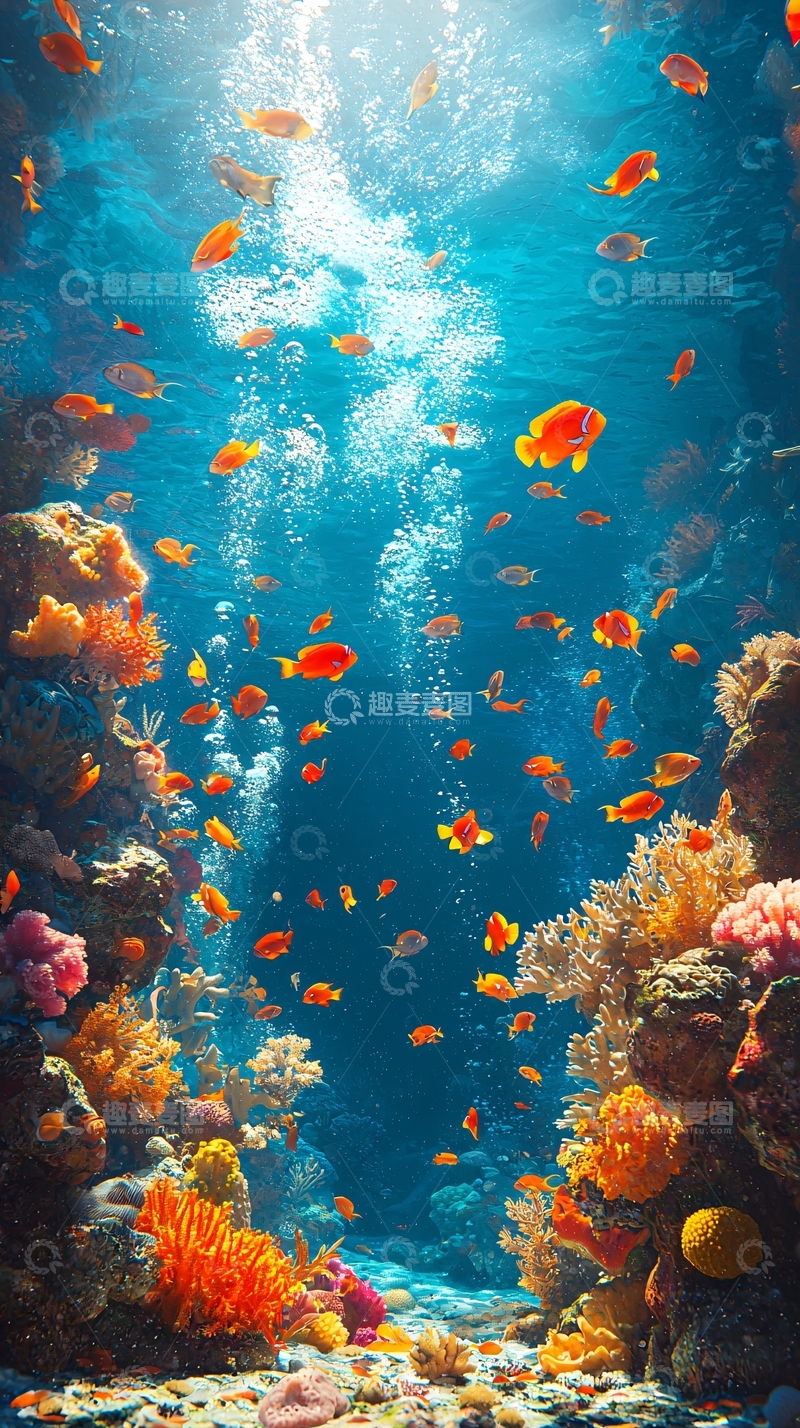 高清大图下载【趣麦麦图】海底珊瑚礁鱼群光线唯美