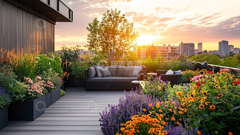 高清大图下载【趣麦麦图】屋顶花园的傍晚景色
