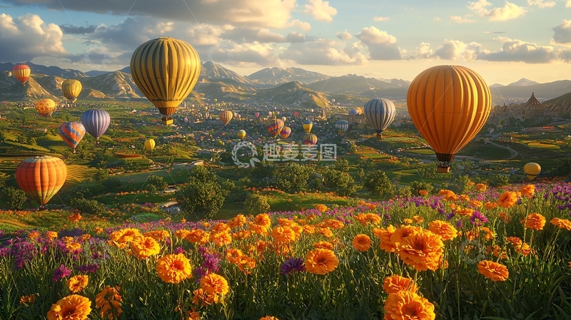 高清大图下载【趣麦麦图】热气球飞过花田山脉