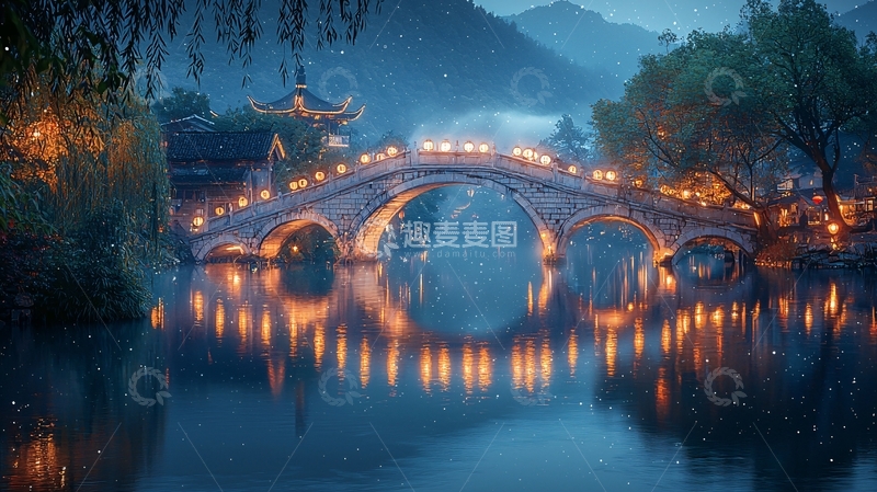 高清大图下载【趣麦麦图】古风夜景小桥流水人家