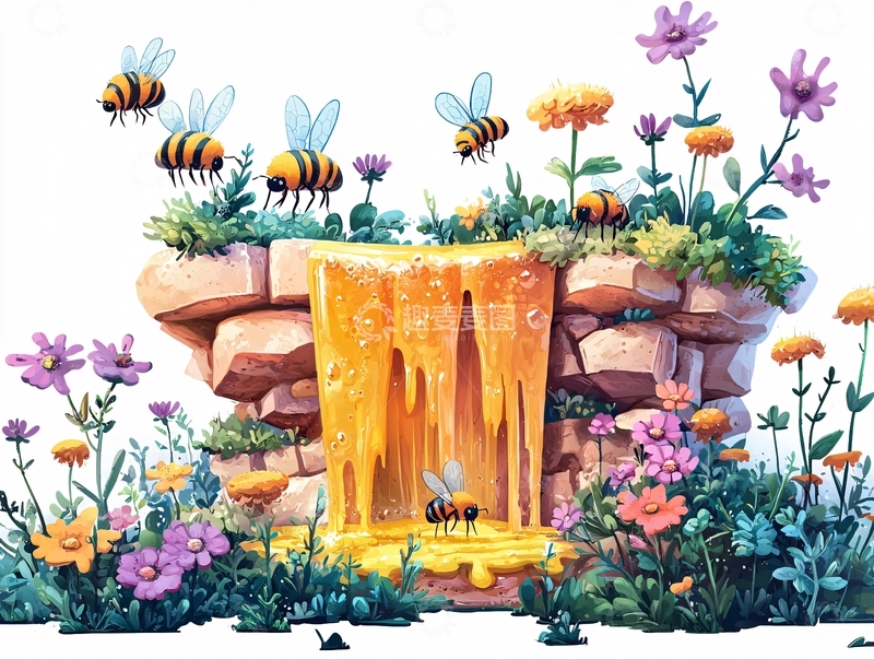 高清大图下载【趣麦麦图】卡通蜜蜂花卉蜜糖瀑布