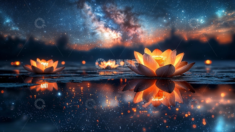 高清大图下载【趣麦麦图】夜晚荷花星空倒影