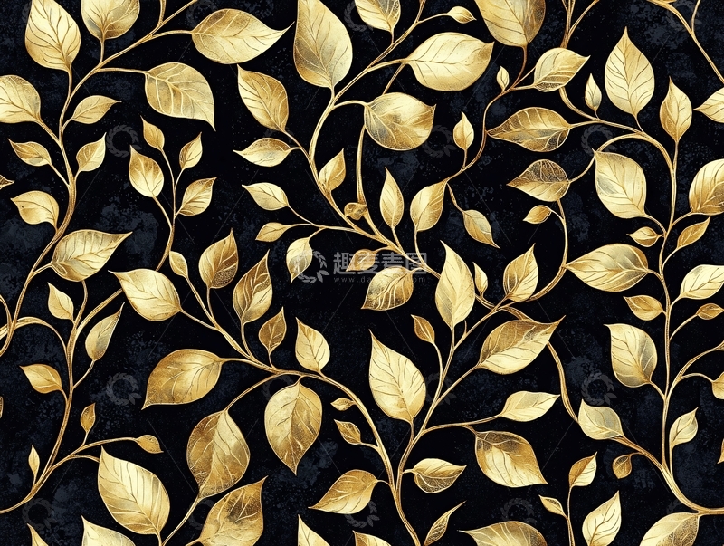 高清大图下载【趣麦麦图】金色叶子黑色背景图案