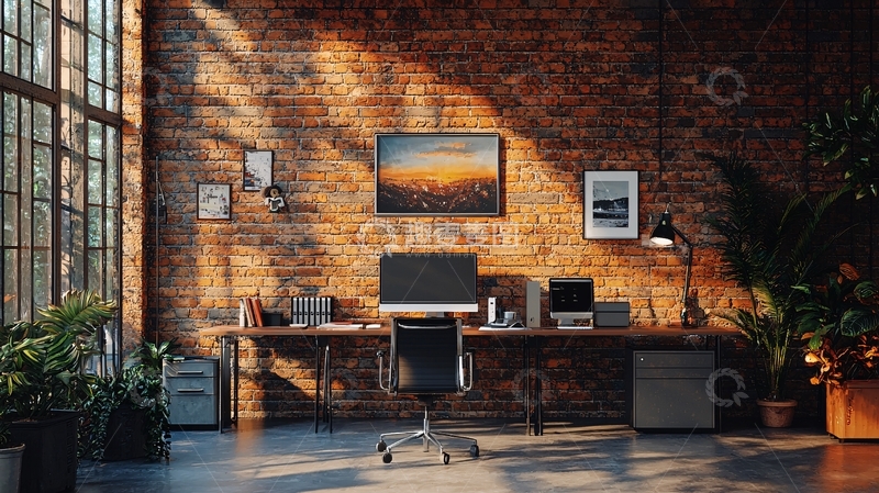 高清大图下载【趣麦麦图】阳光洒落的砖墙办公室