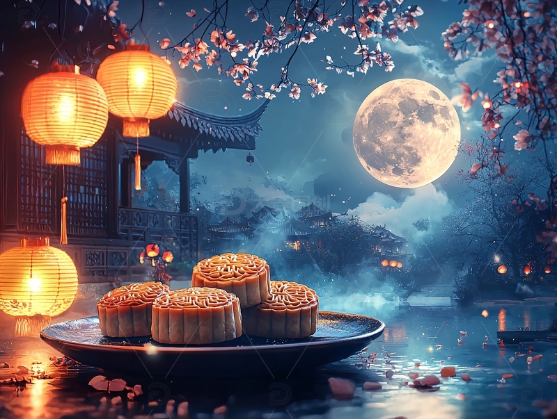 高清大图下载【趣麦麦图】中秋节月圆之夜美食灯笼