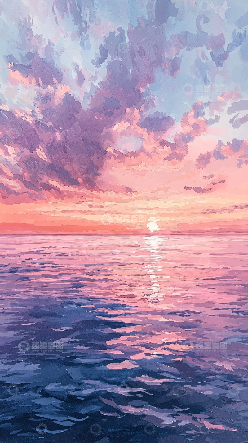 高清大图下载【趣麦麦图】粉色天空下的平静海面