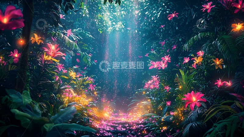 高清大图下载【趣麦麦图】梦幻森林小路花团锦簇