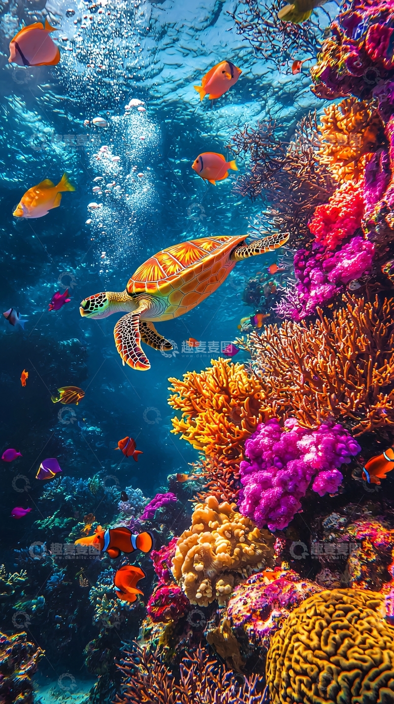 高清大图下载【趣麦麦图】色彩斑斓的珊瑚礁和海龟