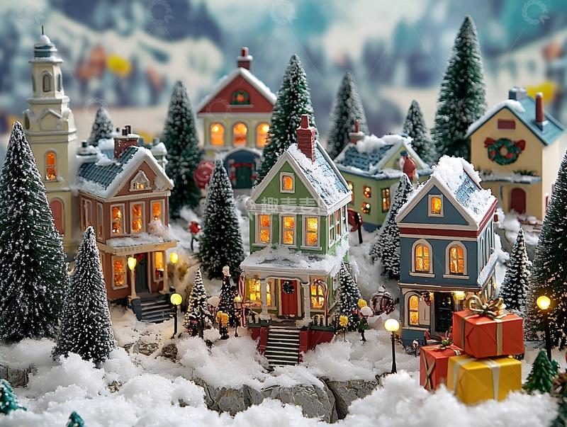 高清大图下载【趣麦麦图】圣诞节小镇雪景房屋