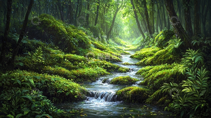 高清大图下载【趣麦麦图】郁郁葱葱的森林小溪