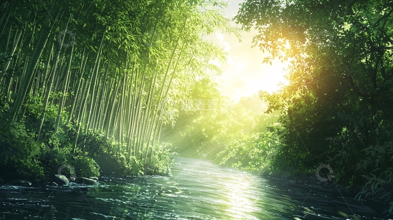 高清大图下载【趣麦麦图】阳光穿透树林的溪流