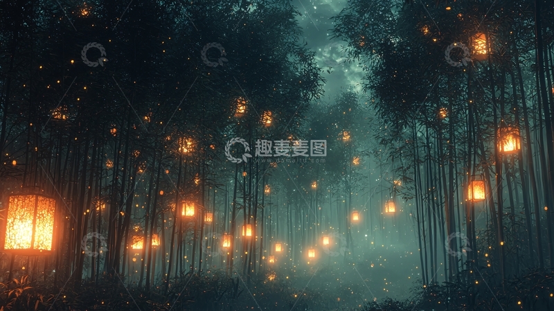 高清大图下载【趣麦麦图】竹林灯光梦幻夜景