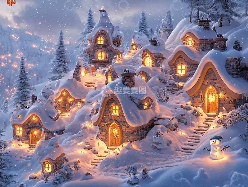 高清大图下载【趣麦麦图】雪中小屋夜景