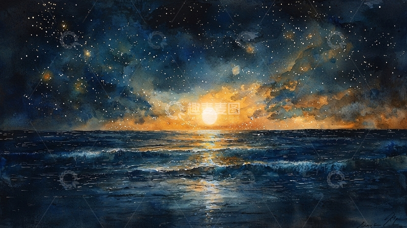 高清大图下载【趣麦麦图】星空下的海洋日出