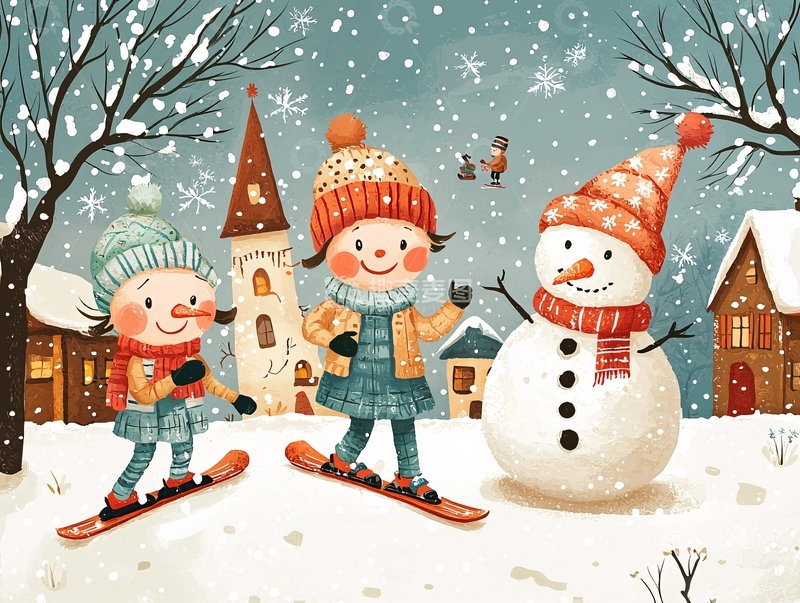 高清大图下载【趣麦麦图】冬日雪景中儿童滑雪和雪人
