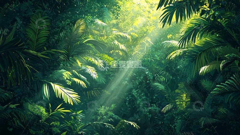 高清大图下载【趣麦麦图】阳光穿过茂密的热带丛林