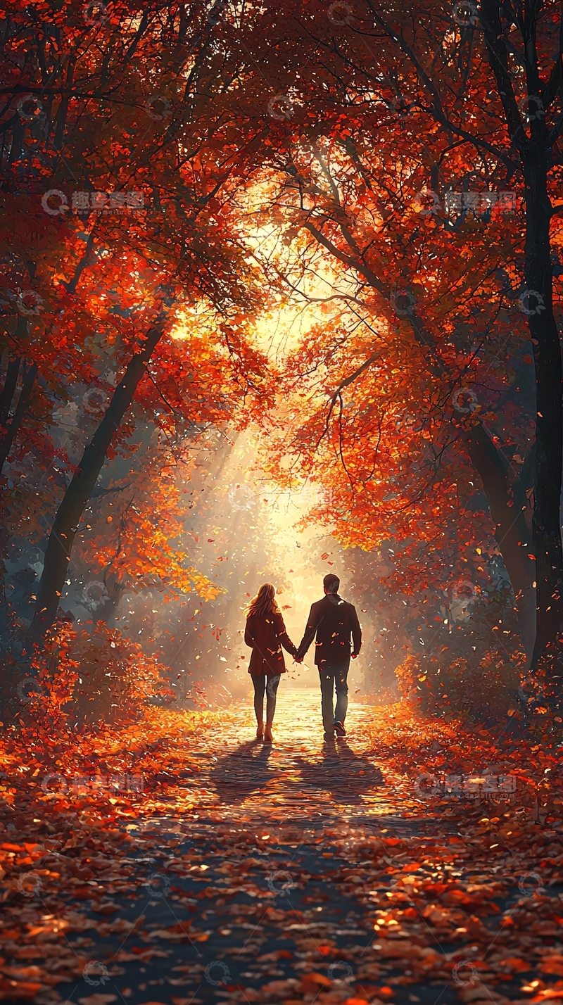 高清大图下载【趣麦麦图】秋日情侣漫步