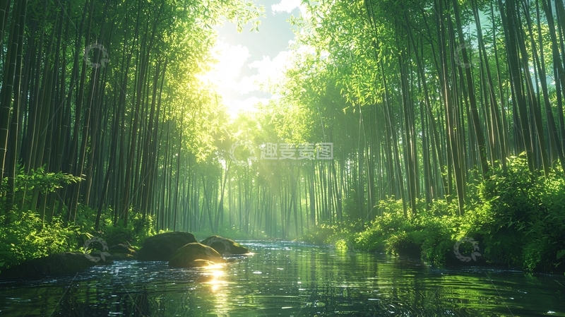 高清大图下载【趣麦麦图】绿色竹林阳光小溪