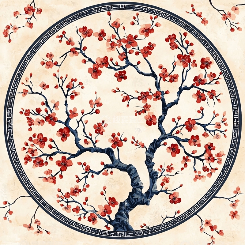 高清大图下载【趣麦麦图】水墨风红梅圆图装饰