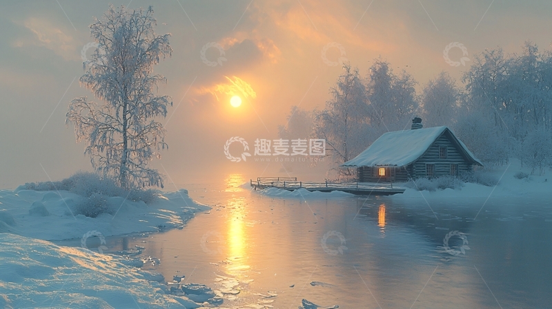 高清大图下载【趣麦麦图】冰雪覆盖的小屋与雾气