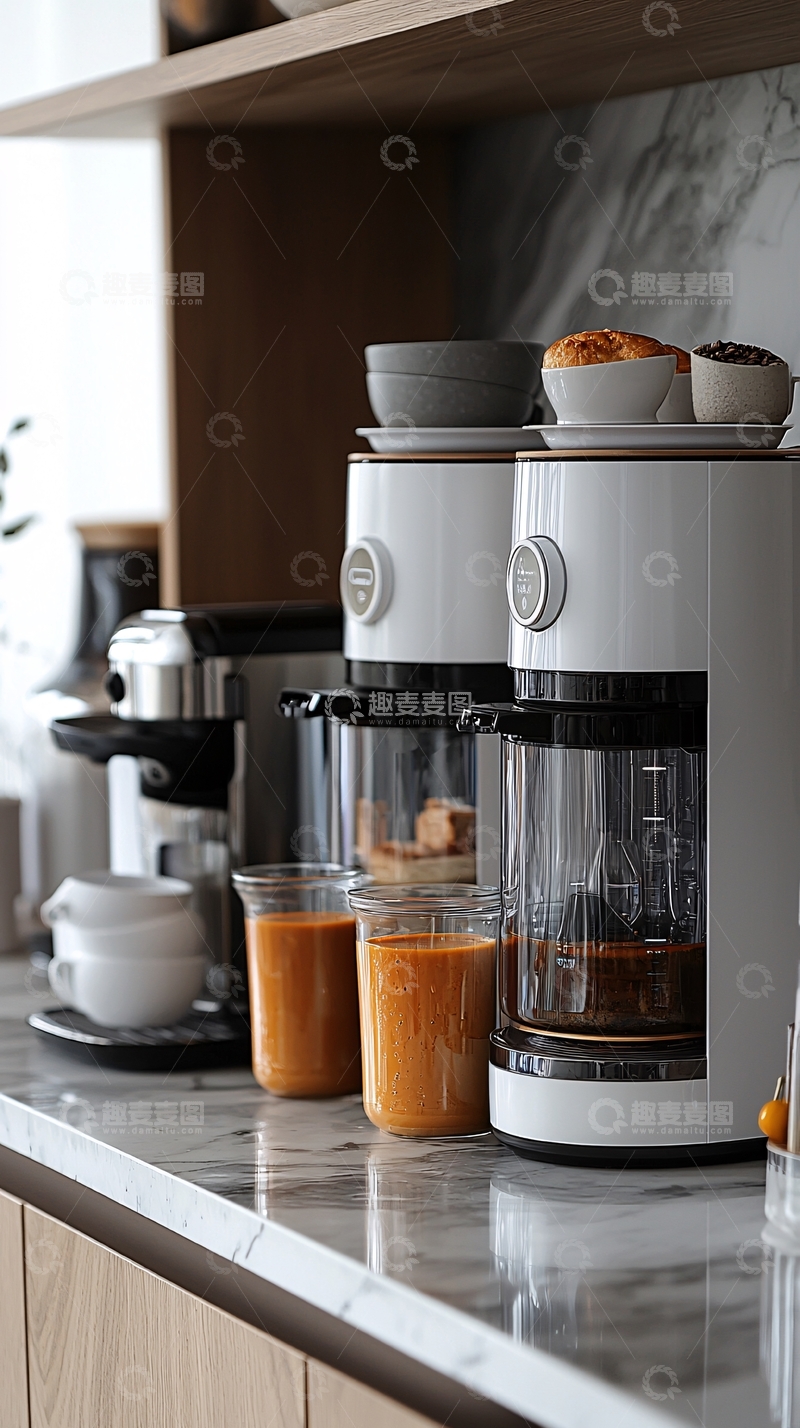 高清大图下载【趣麦麦图】厨房台面上咖啡机和点心