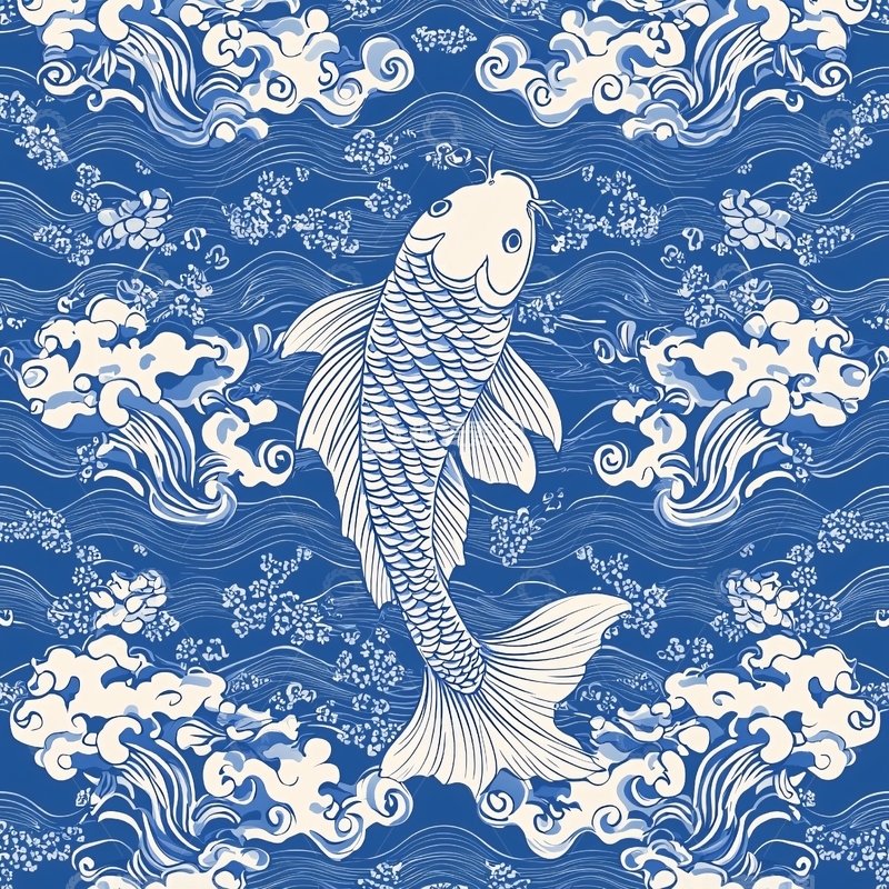 高清大图下载【趣麦麦图】青花瓷鲤鱼祥云图案
