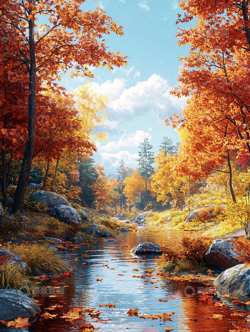 高清大图下载【趣麦麦图】秋日森林河流的宁静