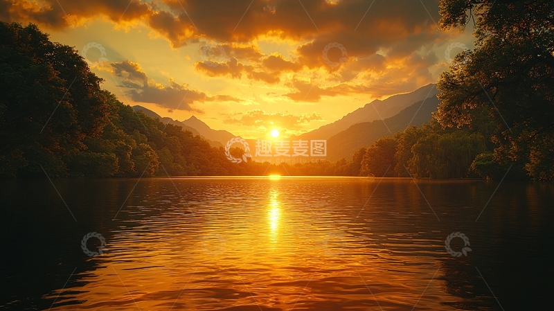 高清大图下载【趣麦麦图】湖面落日余晖