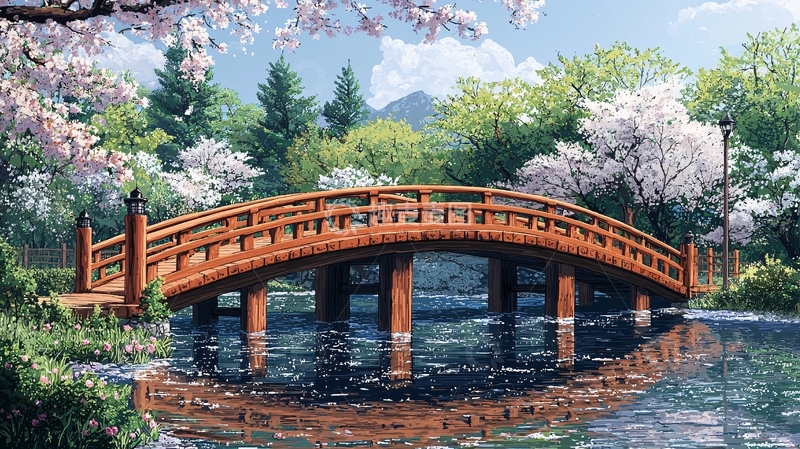 高清大图下载【趣麦麦图】宁静的樱花树下的桥