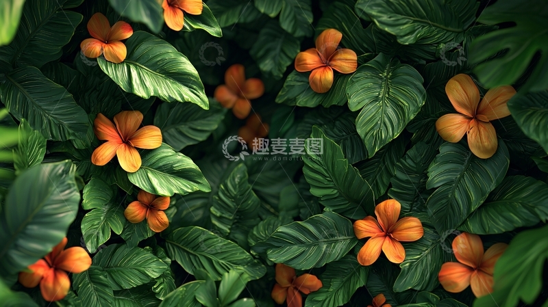 高清大图下载【趣麦麦图】橙色花朵与绿色叶子交织