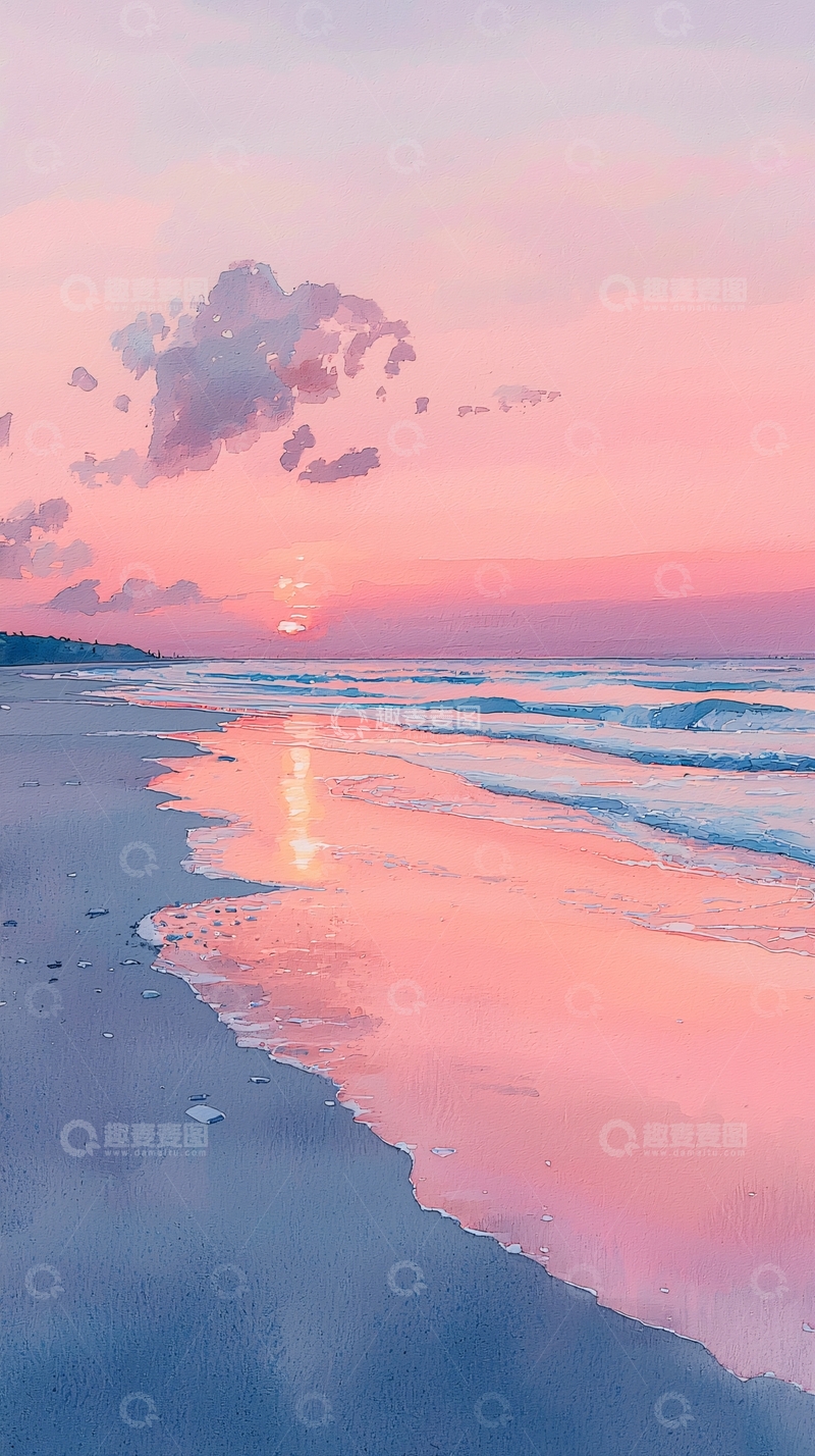 高清大图下载【趣麦麦图】粉色天空下的宁静海滩