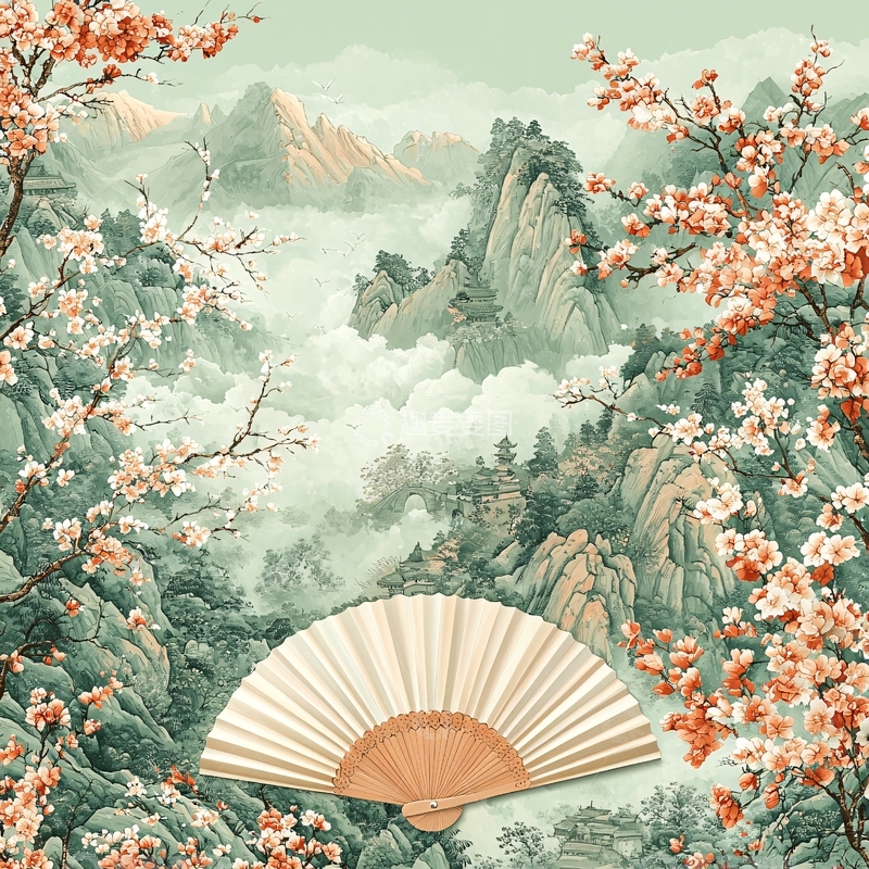 高清大图下载【趣麦麦图】水墨山水桃花扇