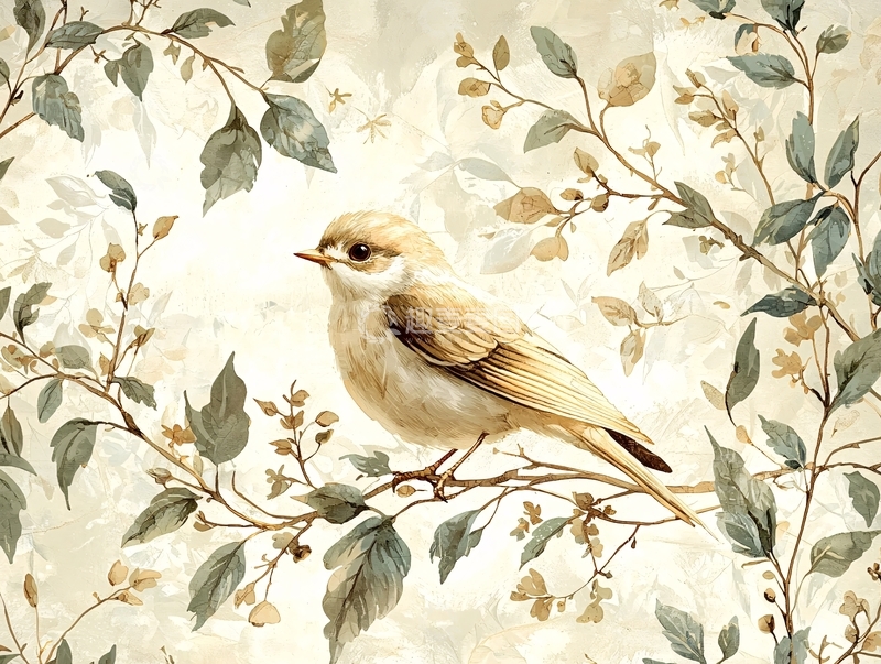 高清大图下载【趣麦麦图】米色小鸟栖息在树枝上