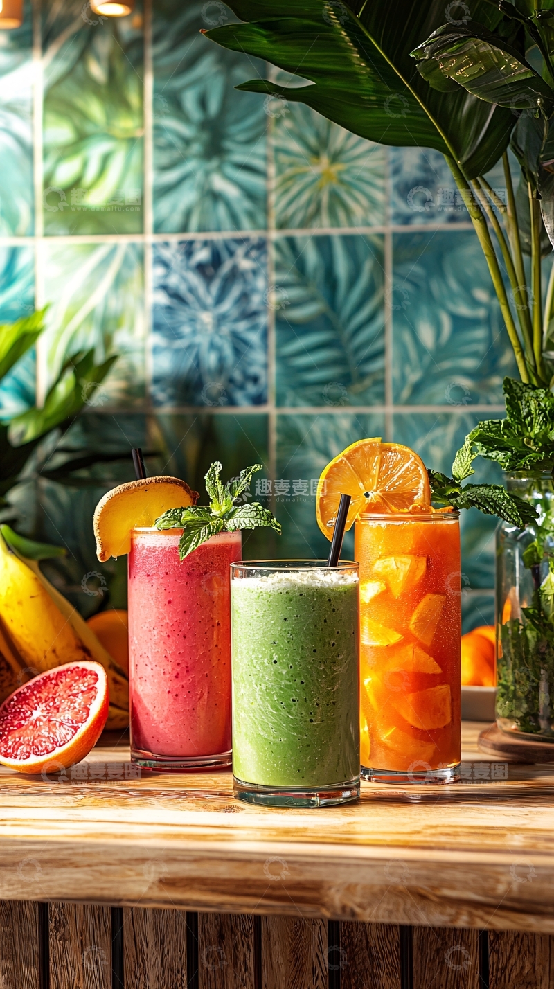 高清大图下载【趣麦麦图】鲜艳果汁饮品在木台上
