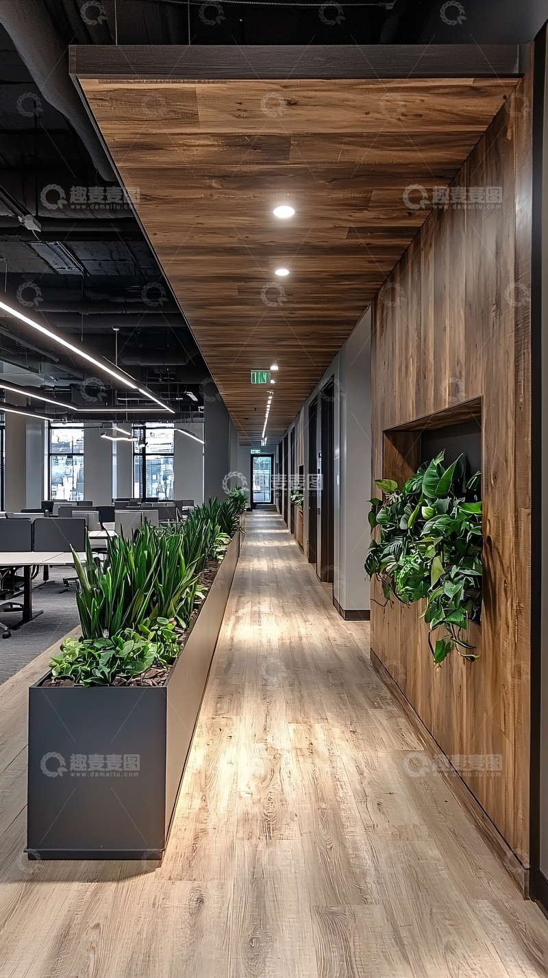 高清大图下载【趣麦麦图】办公室走廊绿植木饰面