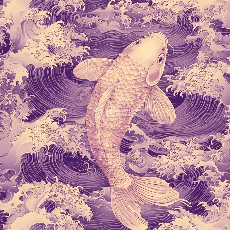 高清大图下载【趣麦麦图】锦鲤在紫色海浪中