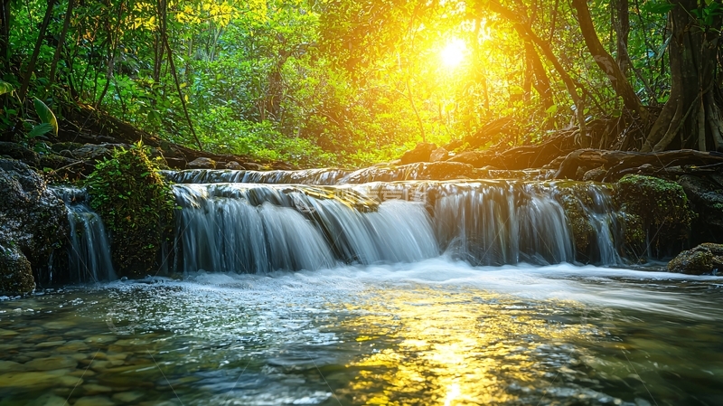 高清大图下载【趣麦麦图】绿树掩映下的瀑布