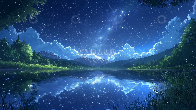 高清大图下载【趣麦麦图】星空下的湖面夜景