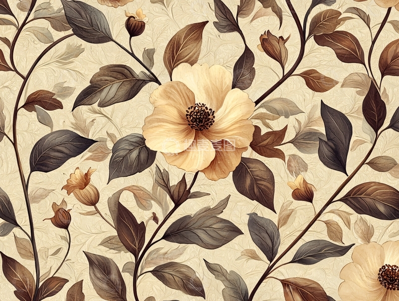 高清大图下载【趣麦麦图】米色花朵树叶复古图案