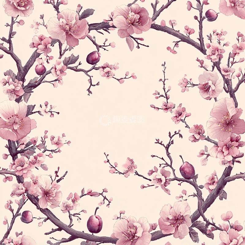 高清大图下载【趣麦麦图】粉色花朵枝条圆形框架
