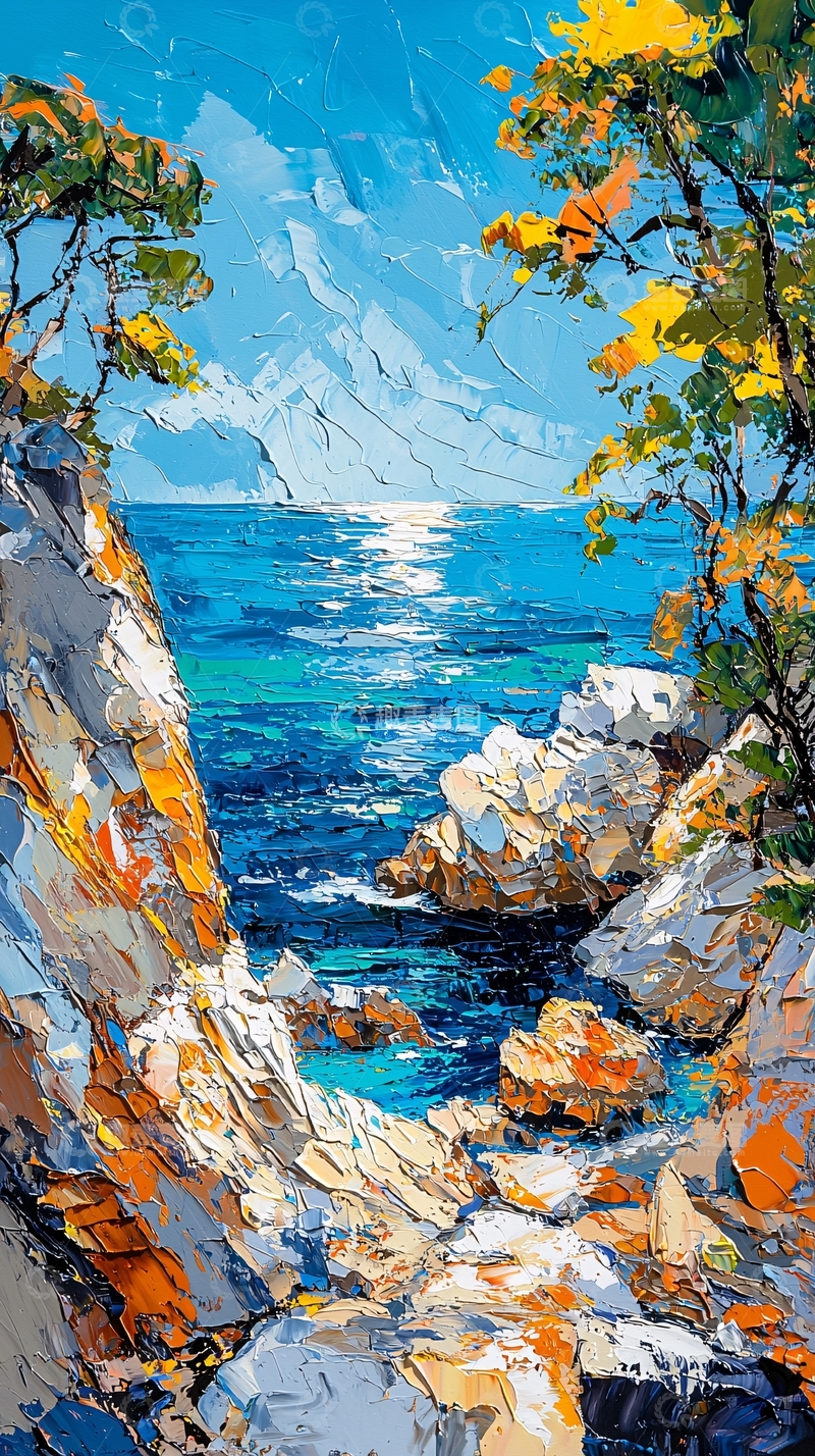 高清大图下载【趣麦麦图】海边礁石阳光油画风景